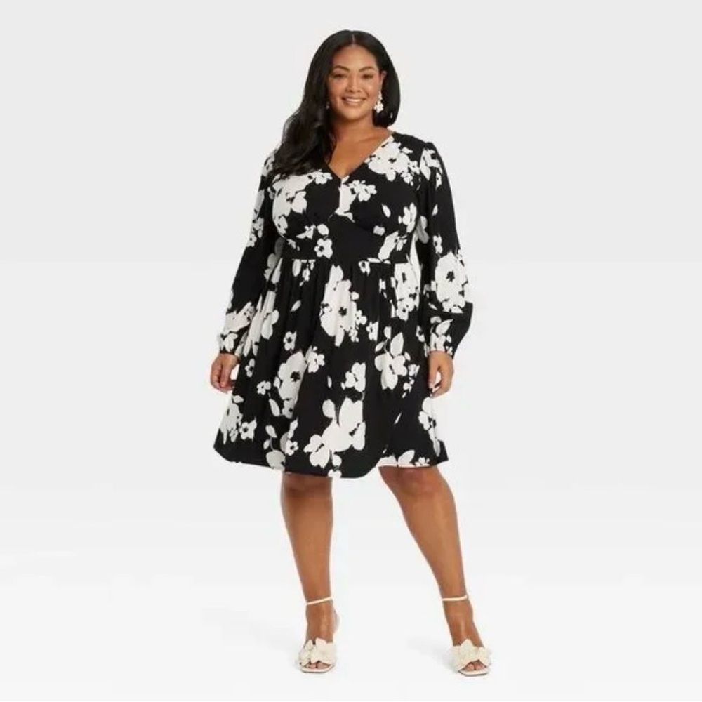 *NWT* Ava & Viv Sz 1X Black White V Neck Floral Long Sleeve Dress Bohemian Y2K